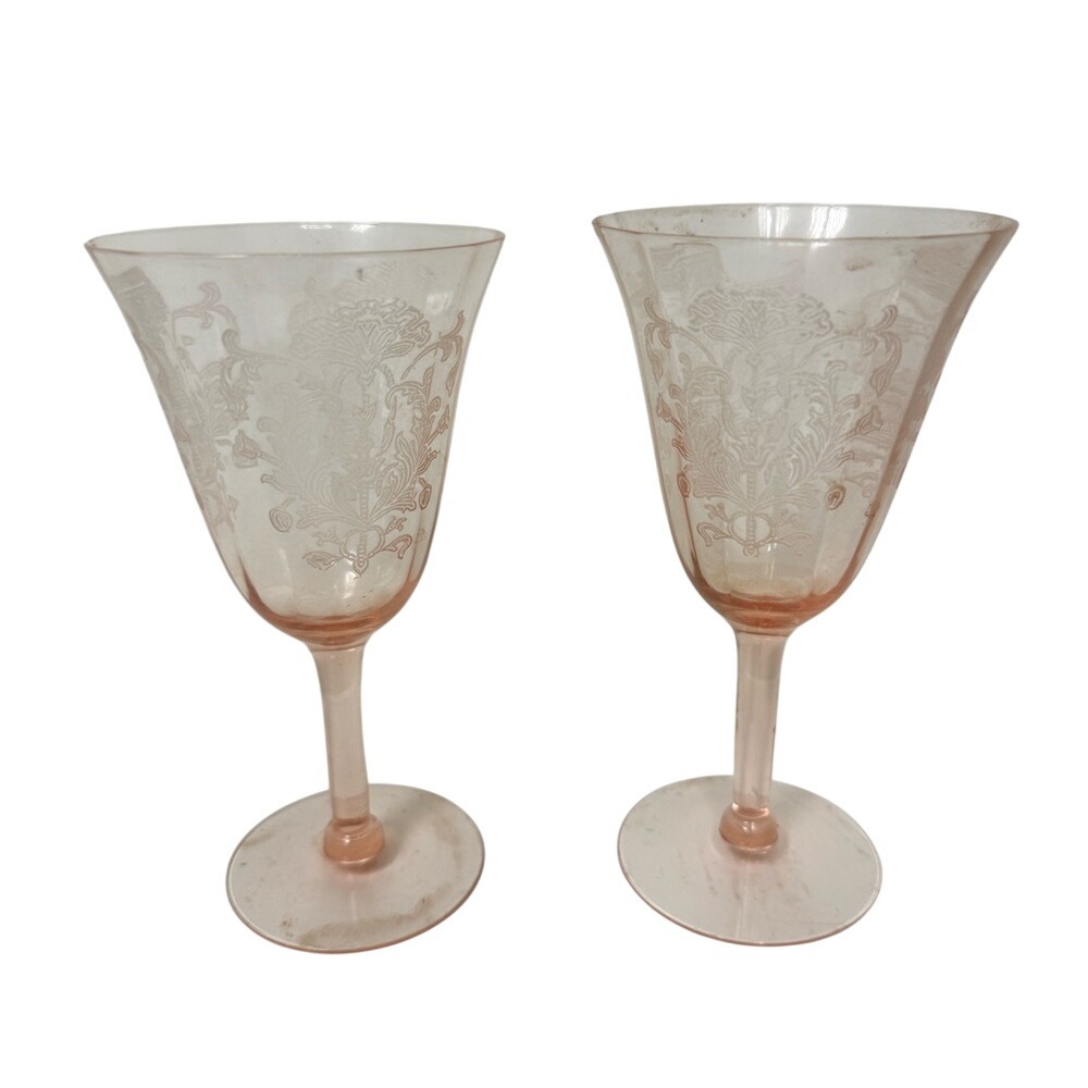 Fostoria Versailles Pink Depression Glass Etched Wine Goblets Set of 2 Vintage